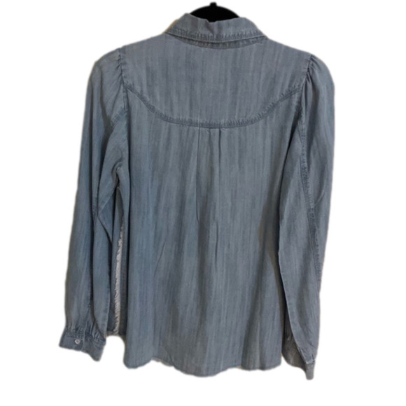 𝅺🎀 Melissa Nepton Puff Shoulder Raw Hem & Seam Soft Denim Button Down Shirt, - Picture 5 of 8